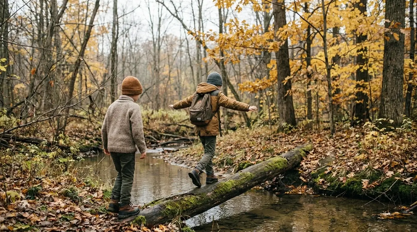 Two children balancing on a mossy log over a stream in an autumn forest, engaging in outdoor risky play