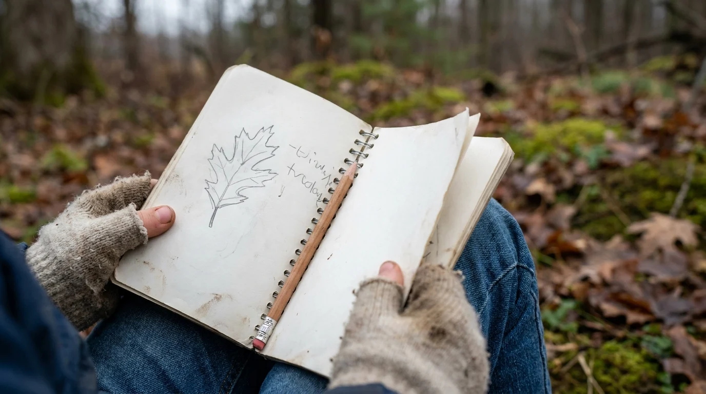 Child holding a nature journal with a pencil sketch of an oak leaf, sitting outdoors in a forest setting