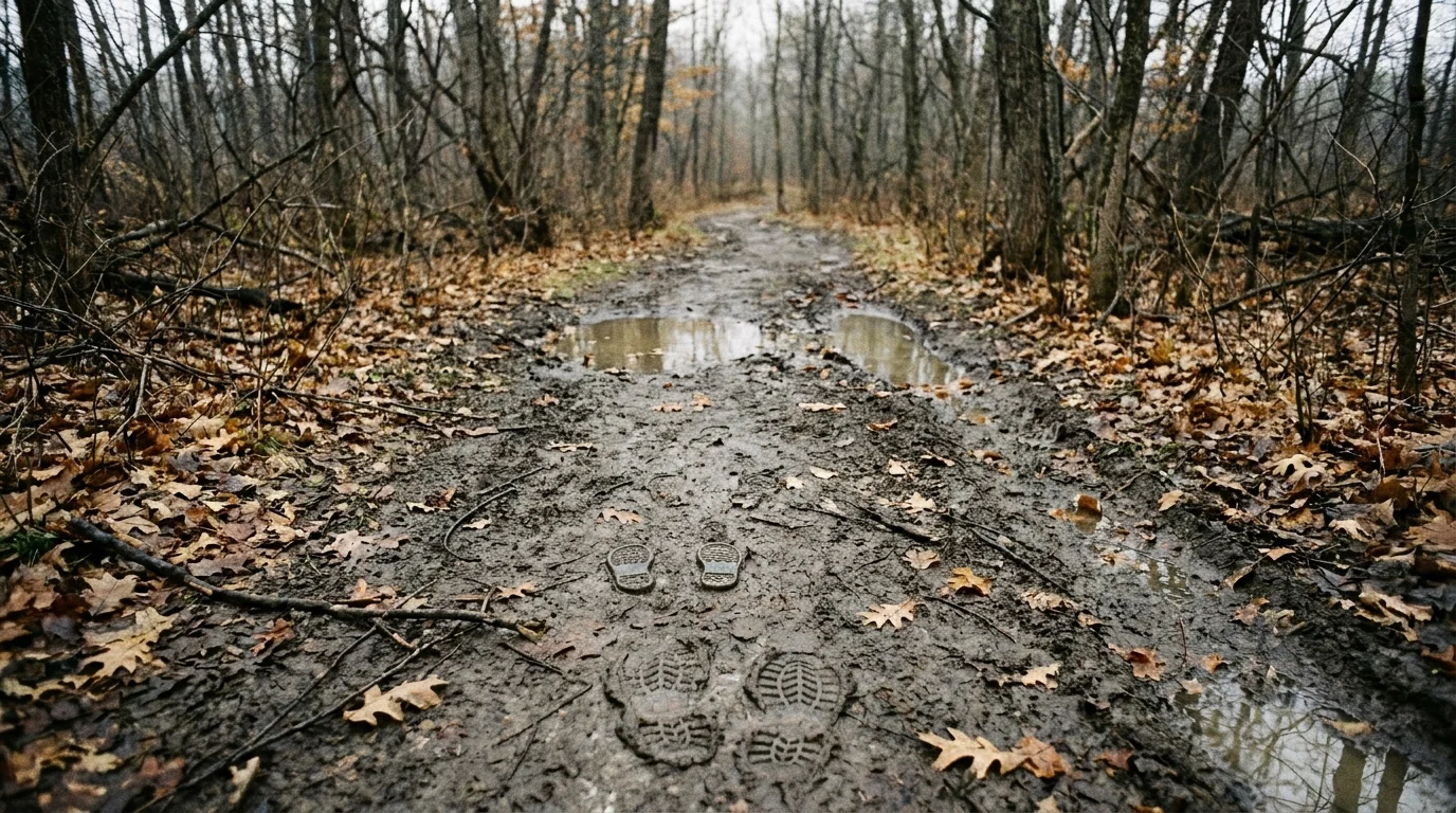 Muddy forest trail with boot prints and puddles, lined with bare trees and fallen autumn leaves