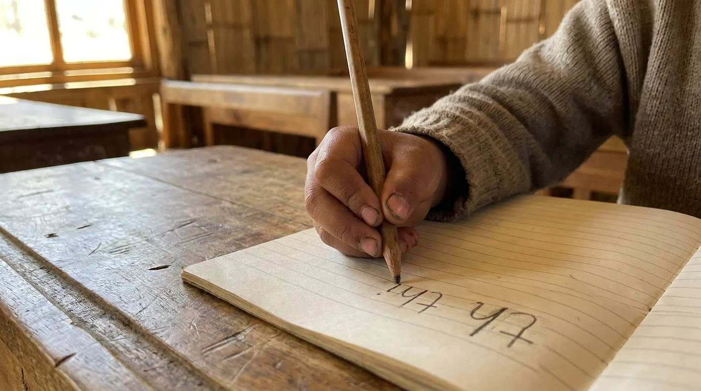 A hand holding a pencil writing in a lined notebook on a wooden school desk