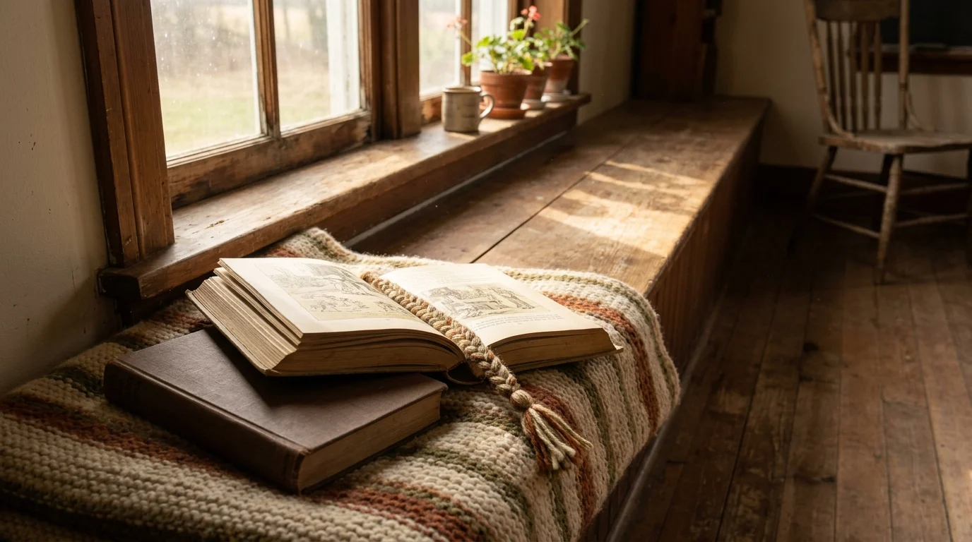 An open printed book resting on a knitted blanket by a sunlit wooden window seat