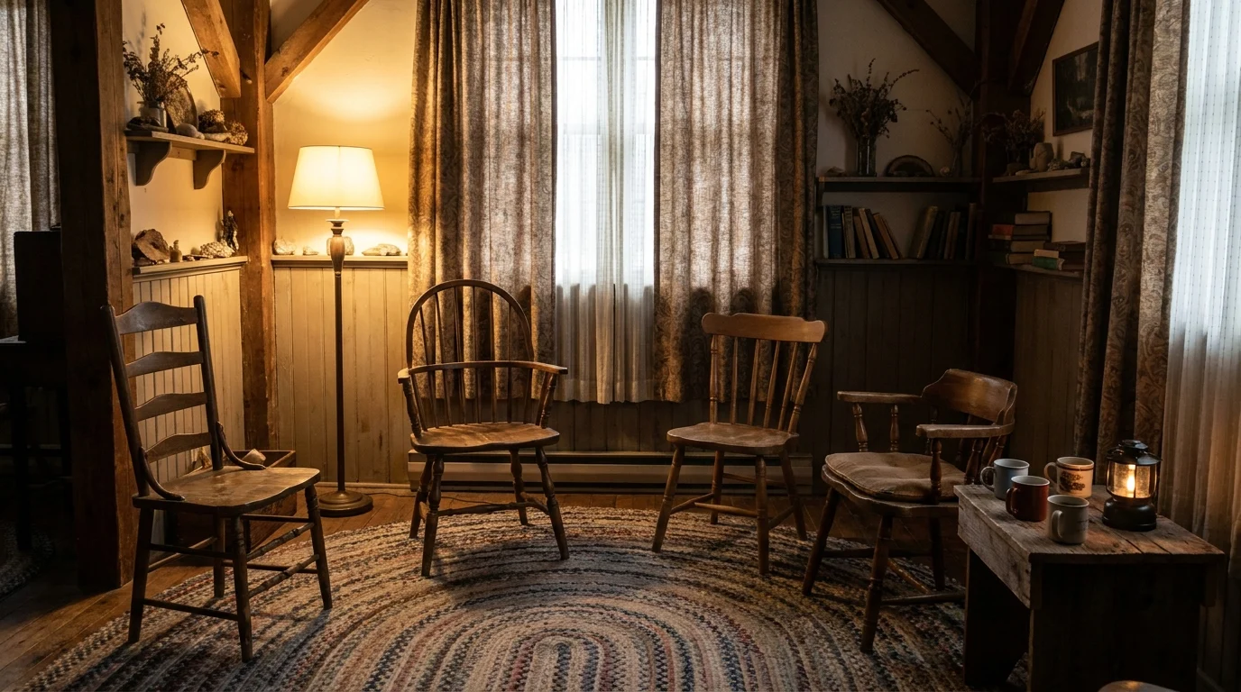 Cozy rustic room with wooden chairs arranged in a circle on a braided rug, set up for a small group discussion