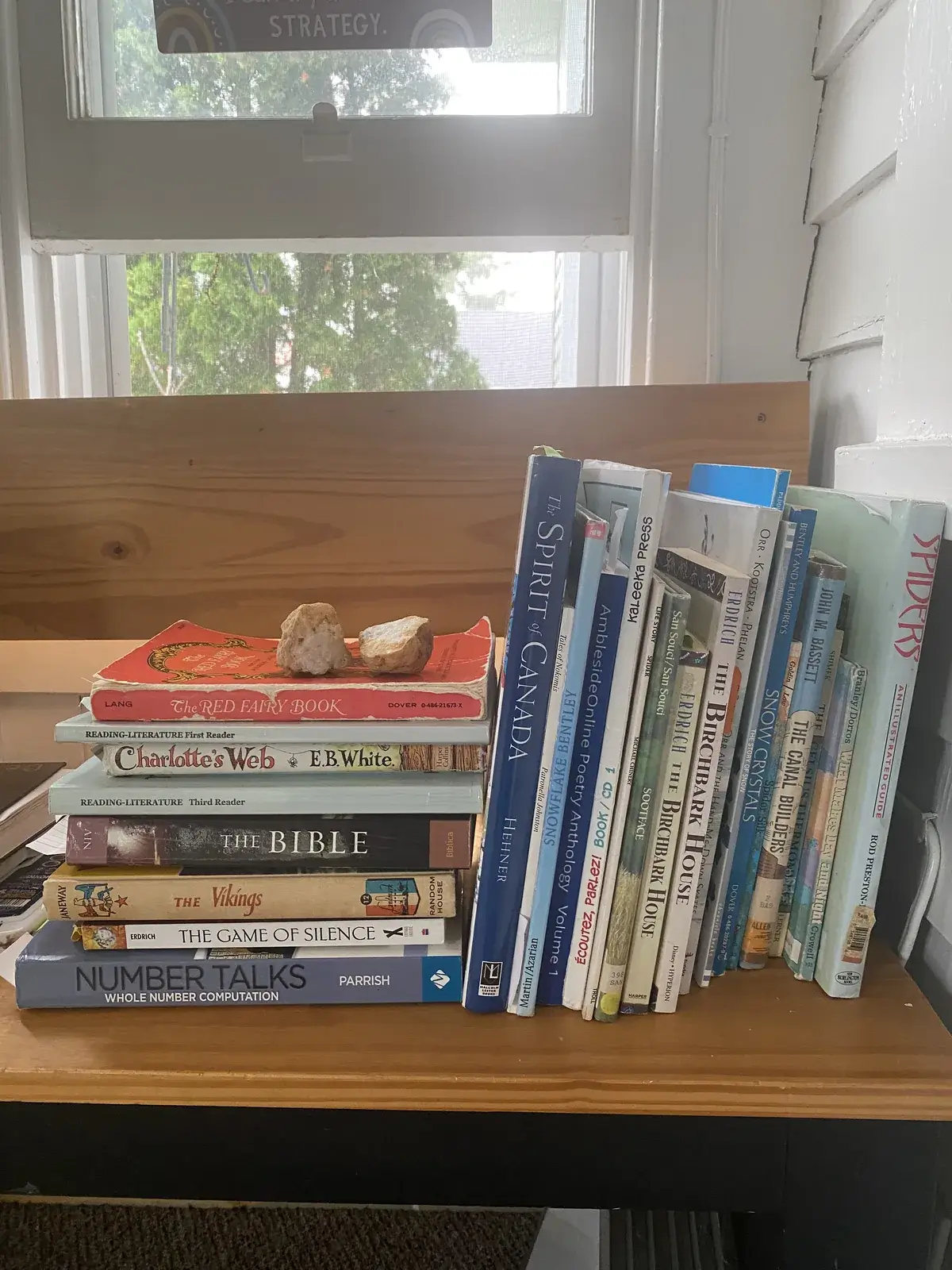A WONDERfield bookshelf with poetry anthologies, living books, a Bible and mineral specimens