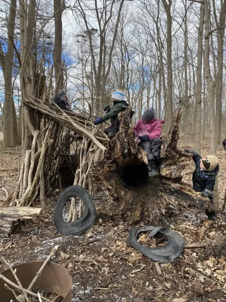 Students at a fort built of tires and branches around a hollow tree stump