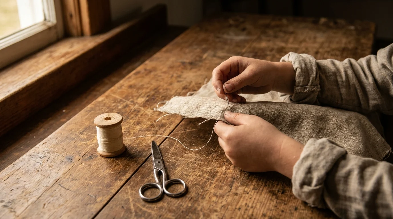 Hands sewing fabric by hand at a wooden workbench, with a spool of thread and scissors nearby