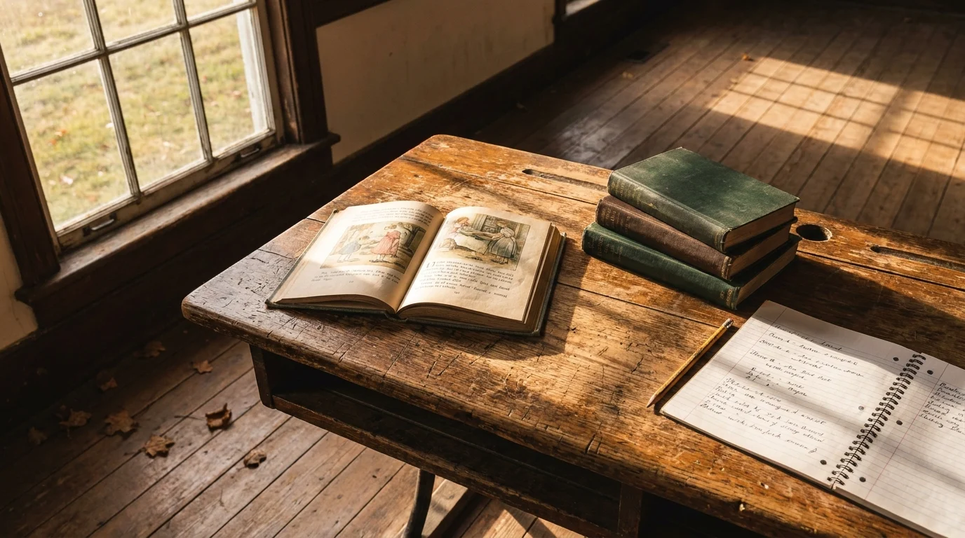 An old wooden school desk with an open illustrated book, stacked hardcovers, and a handwritten notebook, bathed in warm sunlight